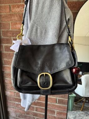 Coach Bleeker Black Leather Flap Shoulder Bag with Gold Buckle Double Pocket